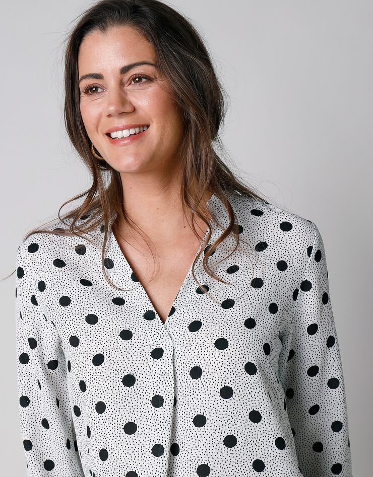 Blouse imprimé pois col tunisien, crêpe (écru / noir) Blouse imprimé pois col tunisien, crêpe (écru / noir)