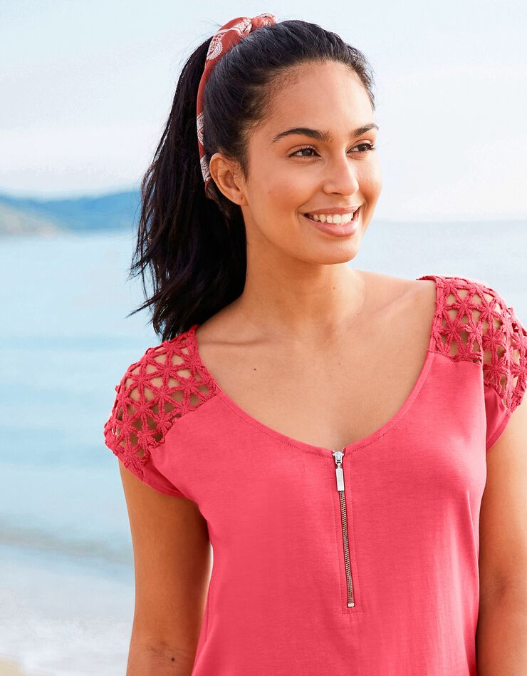 Tee-shirt zippé macramé uni (corail) Tee-shirt zippé macramé uni (corail)