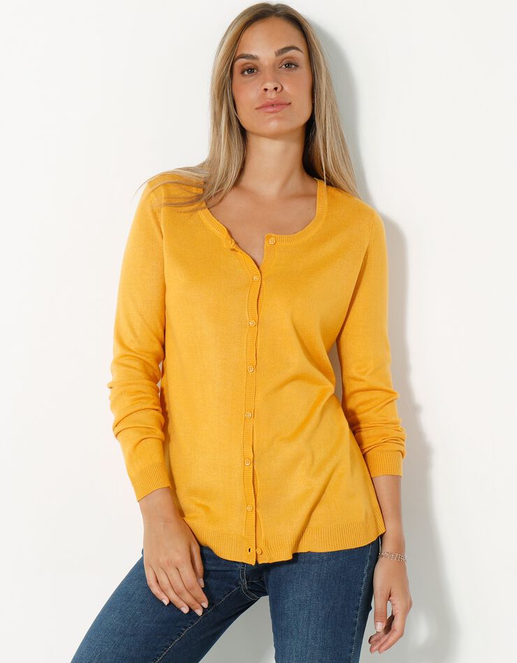 Cardigan boutonné col rond uni toucher cachemire (mangue)