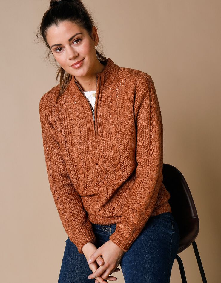 Pull col montant zippé maille torsadée toucher cachemire (noisette) Pull col montant zippé maille torsadée toucher cachemire (noisette)