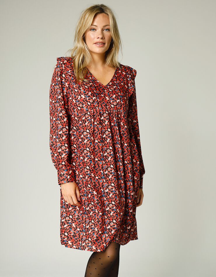 Robe courte fleurie col V manches longues (tomette)