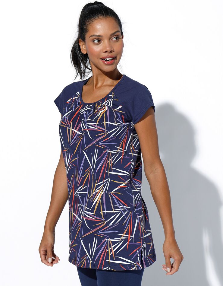 Tee-shirt imprimé encolure froncée, manches courtes (marine / multicolore) Tee-shirt imprimé encolure froncée, manches courtes (marine / multicolore)
