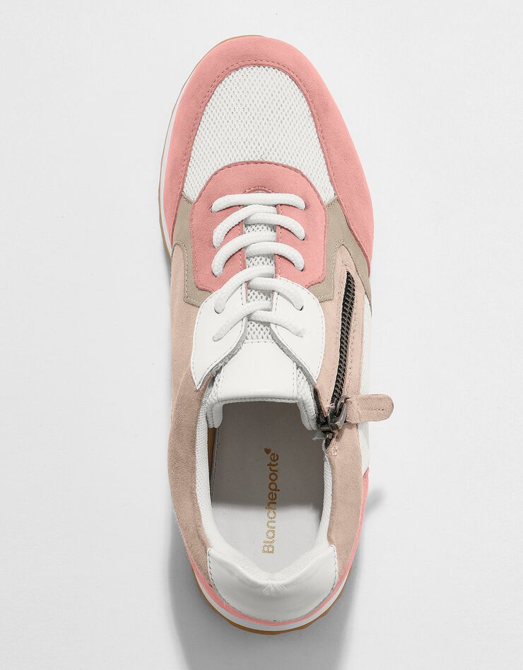 Sneakers style running zippées en cuir multicolore à semelle compensée (blush / écru) Sneakers style running zippées en cuir multicolore à semelle compensée (blush / écru)