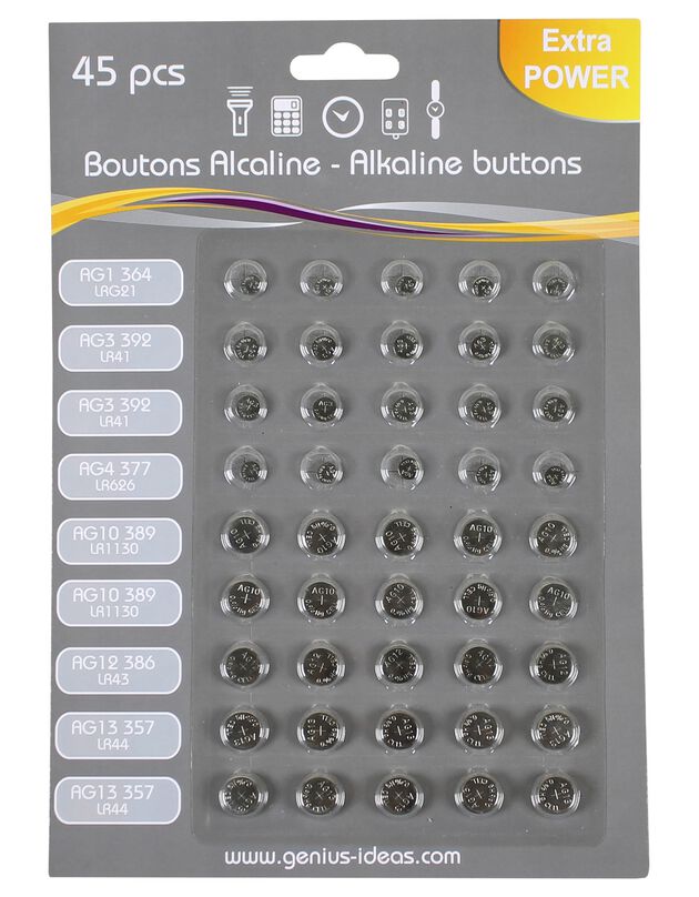 Piles boutons alcalines - lot de 45 (unique)