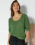 Pull col carré uni, maille ajourée (vert)