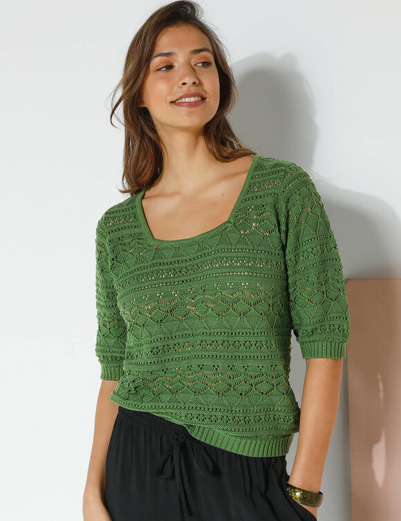 Pull col carré uni, maille ajourée (vert)