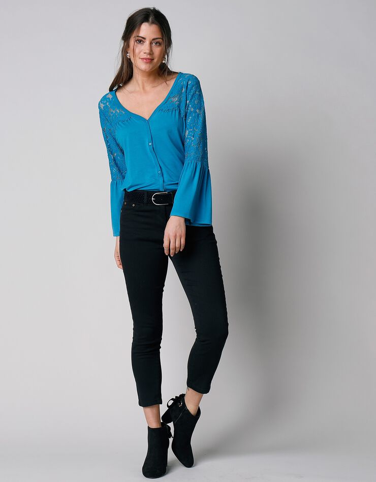 Tee-shirt boutonné manches 3/4 dentelle (bleu prusse) Tee-shirt boutonné manches 3/4 dentelle (bleu prusse)