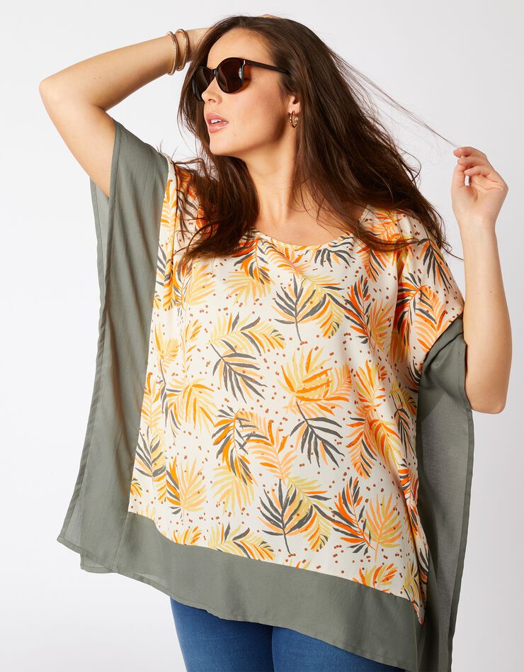 Blouse poncho imprimé feuillage (écru / kaki) Blouse poncho imprimé feuillage (écru / kaki)