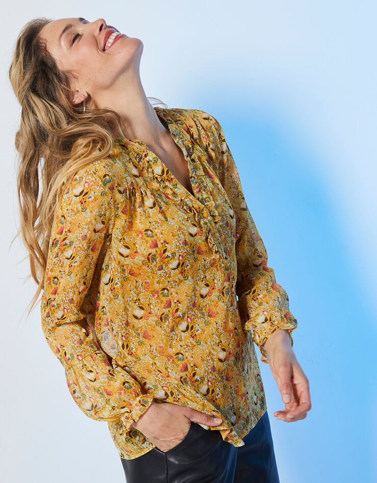 Blouse volantée, voile imprimé (miel / corail) Blouse volantée, voile imprimé (miel / corail)