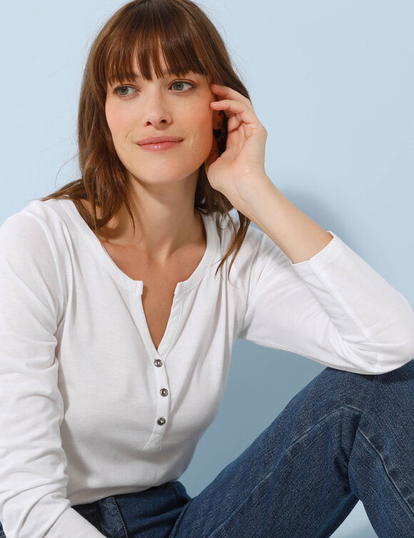 Tee-shirt col tunisien manches longues, uni (blanc)