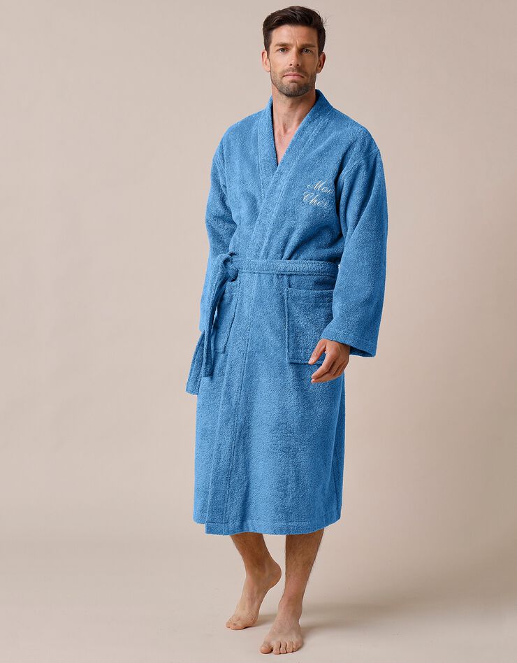 Peignoir mixte adulte uni coton éponge bouclette col kimono personnalisé (bleu jean) Peignoir mixte adulte uni coton éponge bouclette col kimono personnalisé (bleu jean)