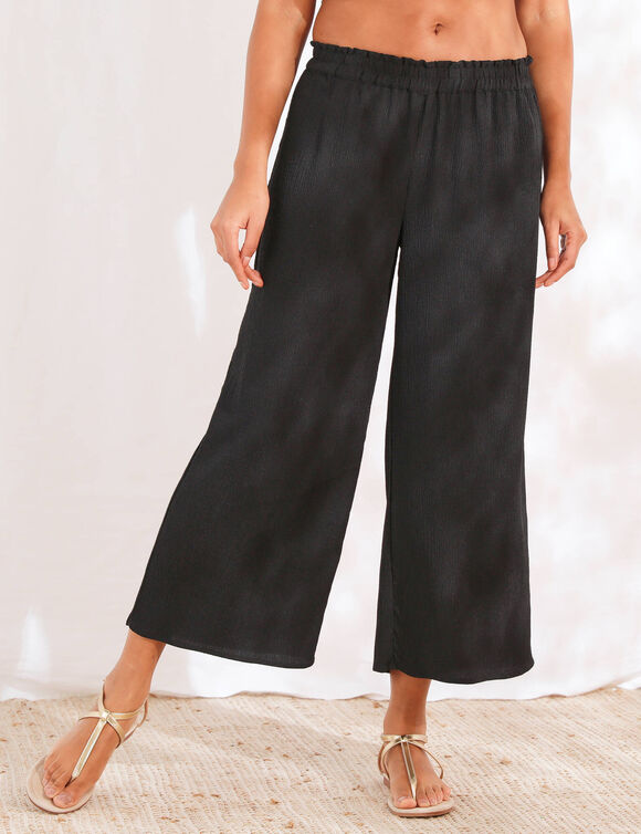 Pantalon large uni, effet seersucker (noir)
