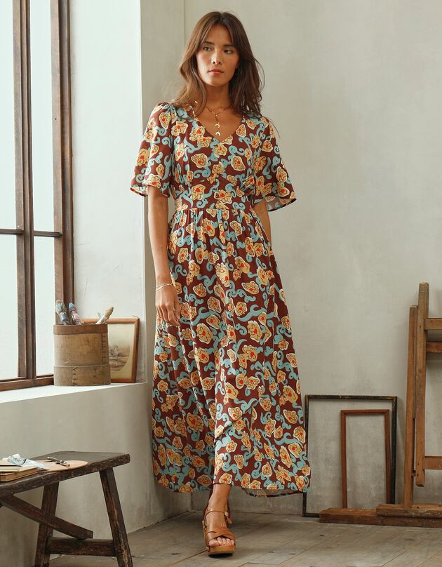 Robe fluide imprimée, collection "Odette Lepeltier" (chocolat / safran)