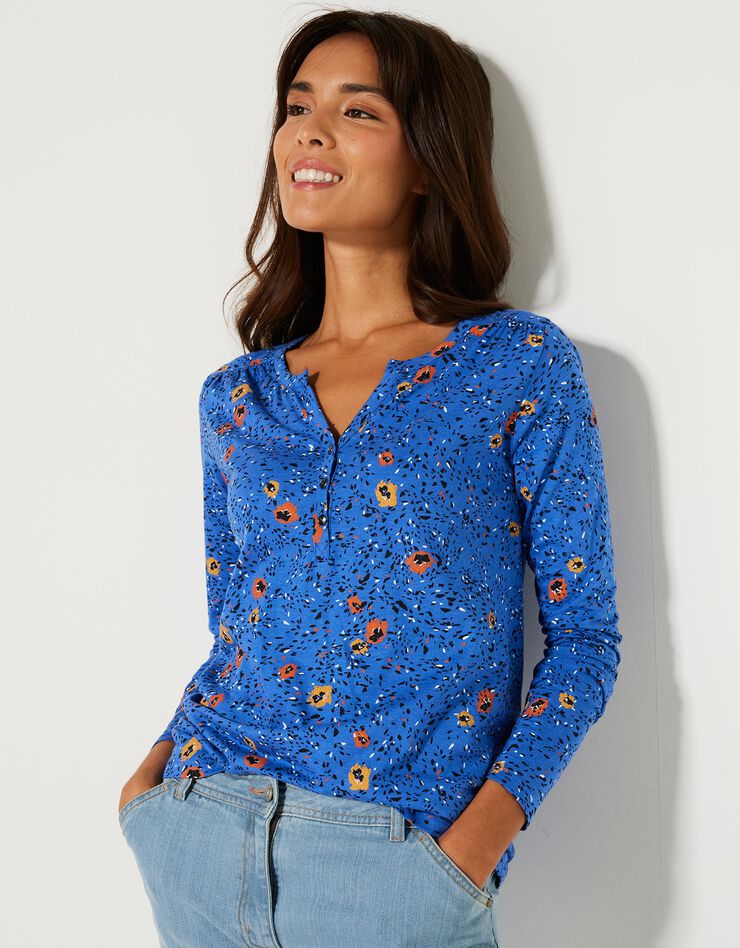 Tee-shirt col tunisien manches longues, imprimé (bleu) Tee-shirt col tunisien manches longues, imprimé (bleu)