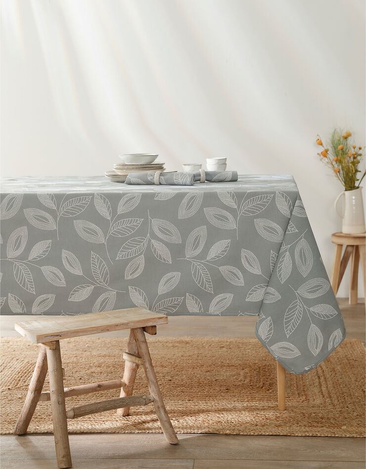 Nappe anti-taches bicolore imprimée feuilles (gris perle) Nappe anti-taches bicolore imprimée feuilles (gris perle)