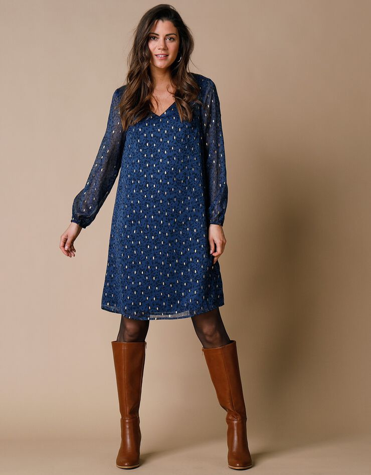 Robe évasée voile imprimé doré (bleu) Robe évasée voile imprimé doré (bleu)