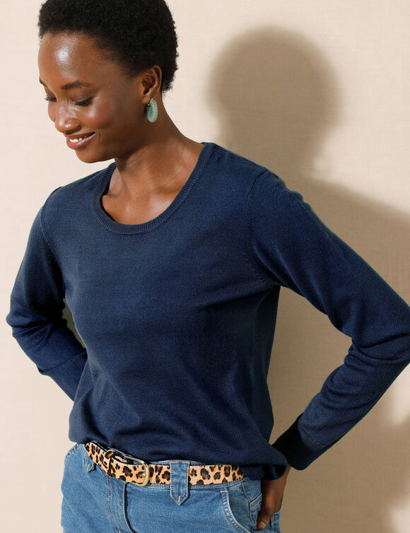 Pull col rond uni, manches longues, toucher doux (marine)