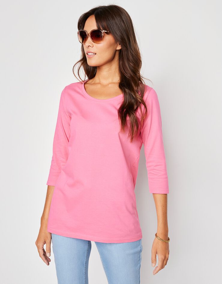 Tee-shirt manches 3/4 col rond uni coton (rose) Tee-shirt manches 3/4 col rond uni coton (rose)