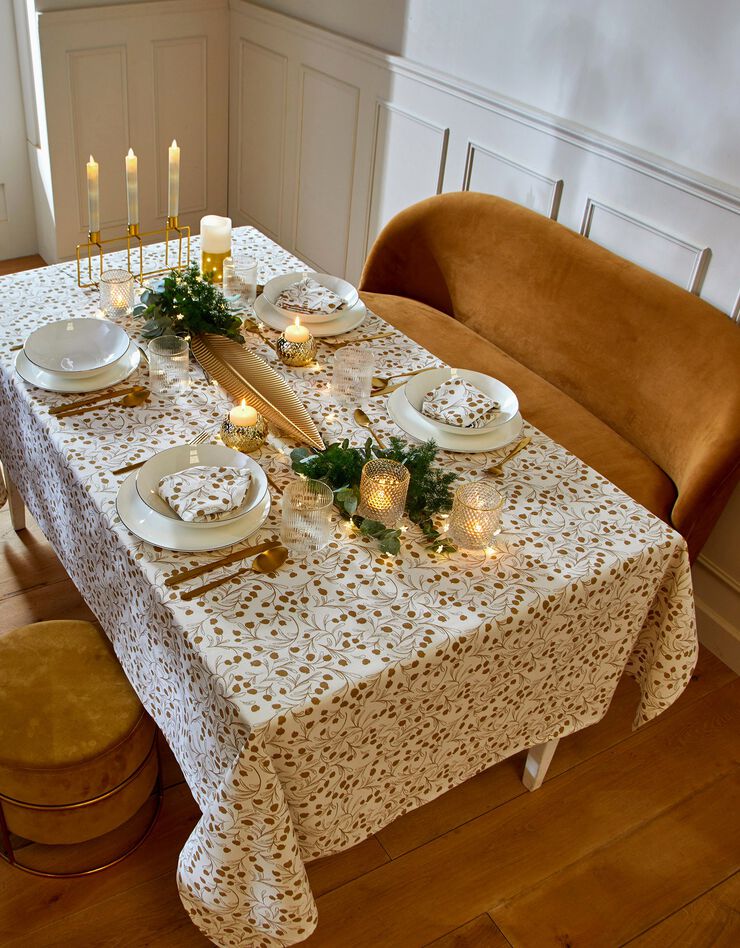 Nappe imprimée petites feuilles coloris doré (blanc / doré)