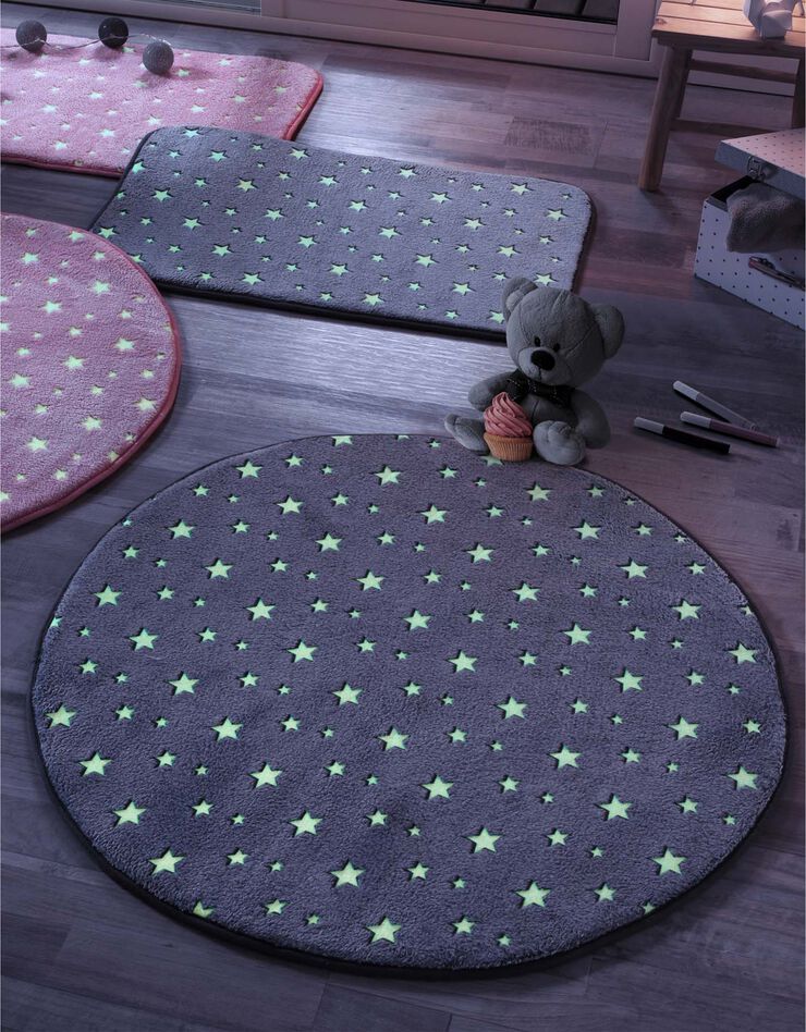 Tapis flanelle imprimé étoiles phosphorescentes - rond (gris) Tapis flanelle imprimé étoiles phosphorescentes - rond (gris)