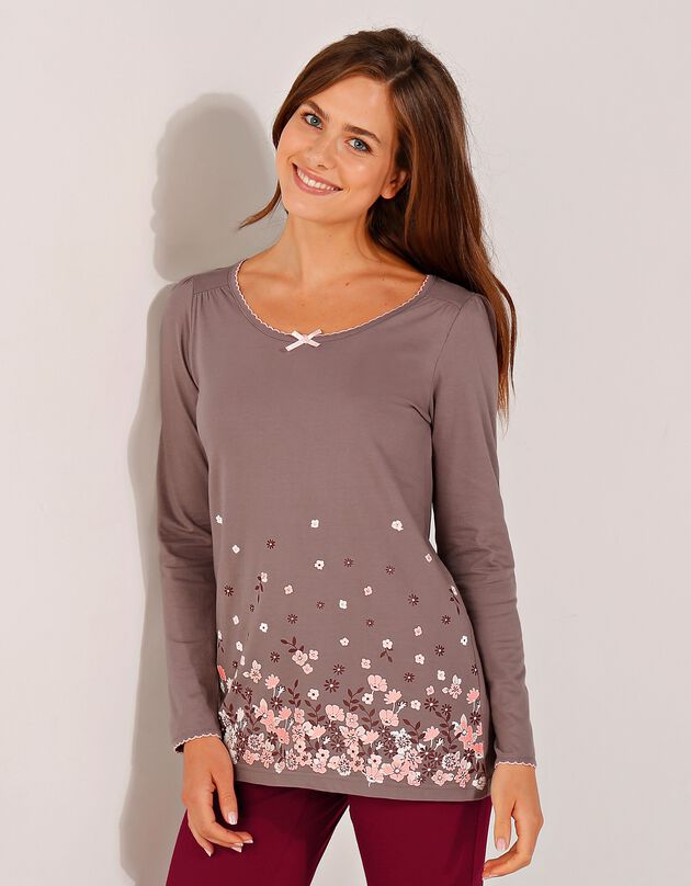 Tee-shirt imprimé fleurs - manches longues (taupe)