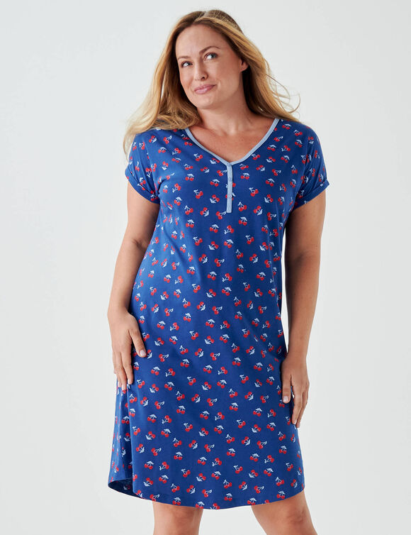 Chemise de nuit courte imprim&eacute; "cerises" manches courtes (marine)