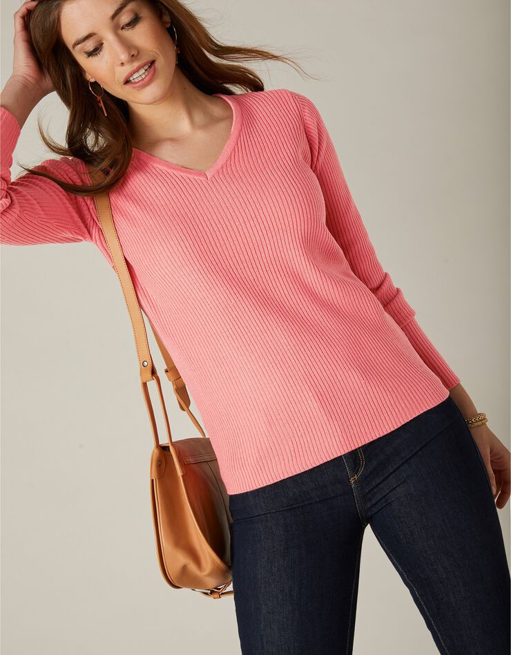 Pull maille côtelée col V uni (corail) Pull maille côtelée col V uni (corail)
