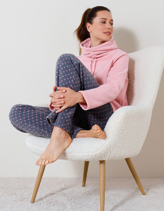 Pyjama pantalon col boule maille polaire (gris / rose)