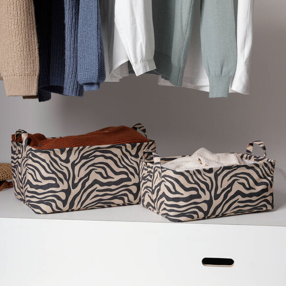 Panier coton enduit imprim&eacute; z&egrave;bre - lot de 2 (noir/gr&egrave;ge)