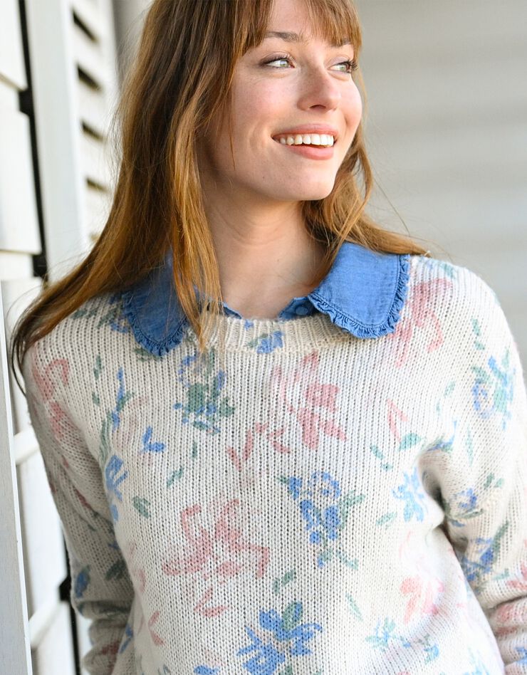 Pull col rond imprimé, toucher mohair (écru / rose / vert) Pull col rond imprimé, toucher mohair (écru / rose / vert)