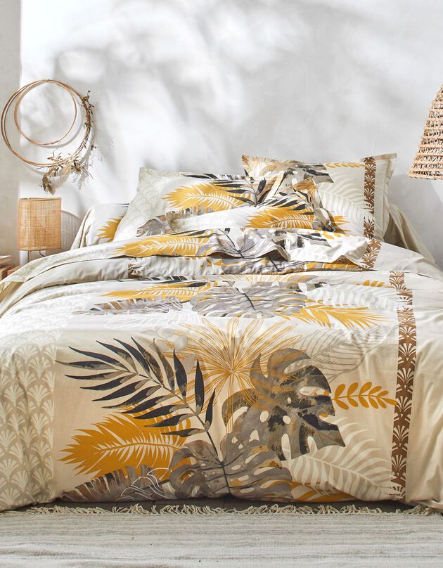 Linge de lit Cayenne en coton imprimé feuilles de palmiers (beige)