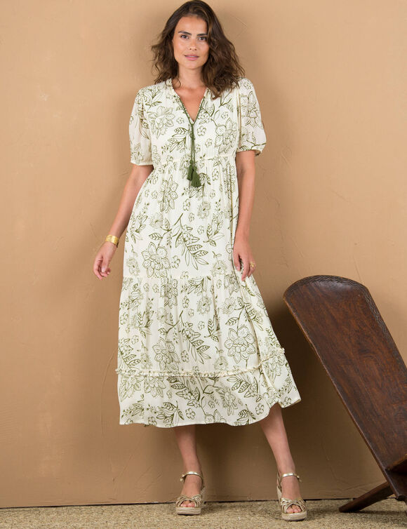 Robe longue volantée imprimée (écru / kaki)