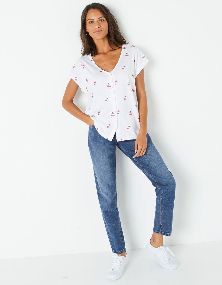 Tee-shirt col V boutonné imprimé cerises, spécial petites (blanc) Tee-shirt col V boutonné imprimé cerises, spécial petites (blanc)