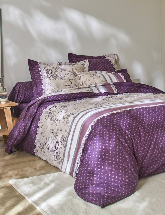 Linge de lit Gabrielle en coton imprimé pois, fleurs et dentelle (prune)