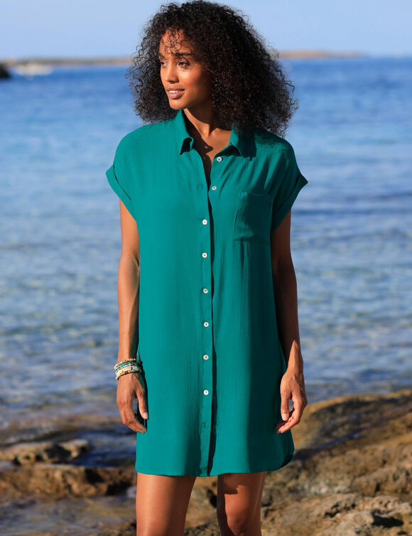Robe de plage unie, crépon (émeraude)