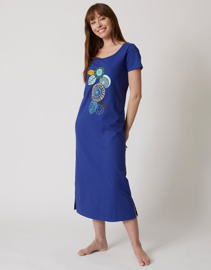 Chemise de nuit longue manches courtes motif «rosaces » (bleu dur)