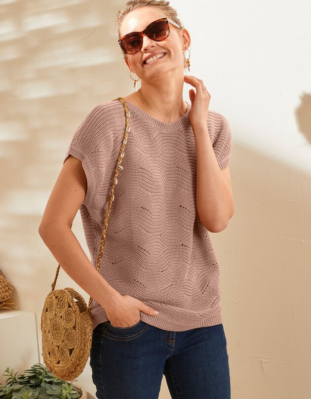 Pull manches courtes, maille fantaisie (noisette)