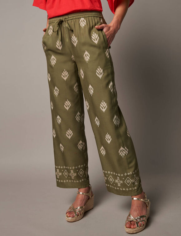 Pantalon large taille haute, viscose imprim&eacute;e (kaki / &eacute;cru)