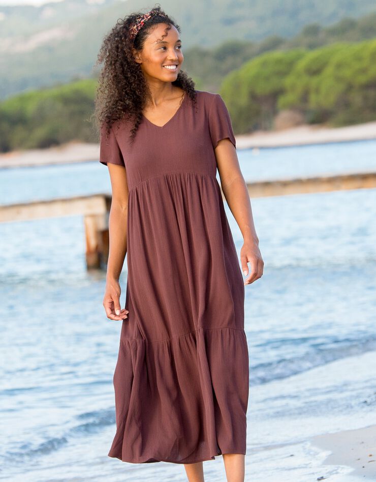 Robe col V longue unie, crépon (chocolat)