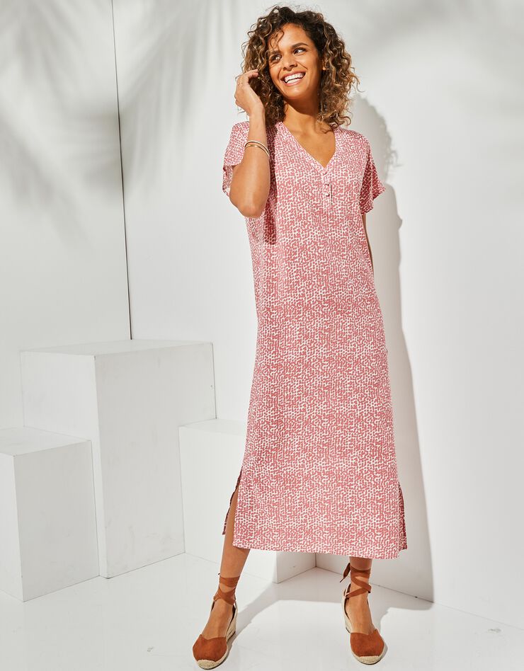 Robe droite longue fluide manches courtes, imprimé (bois de rose / blanc)