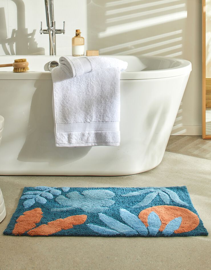 Tapis de bain pur coton motif feuillage (bleu / orange)