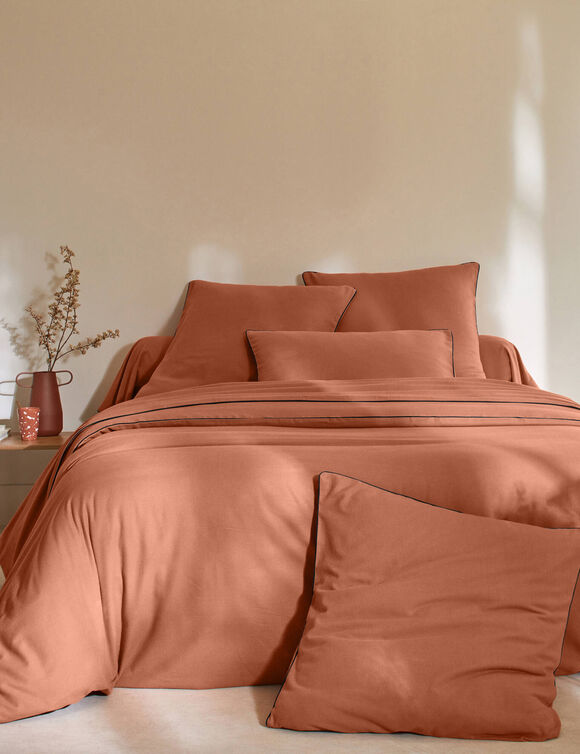 Linge de lit uni flanelle passepoil contrast&eacute;, collection "Intemporelle" (tomette)