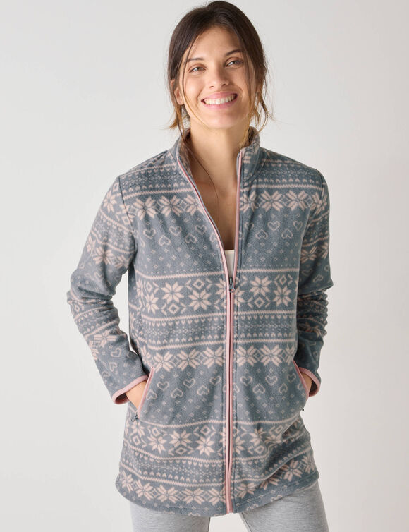 Veste zipp&eacute;e maille polaire imprim&eacute;e (gris / rose)