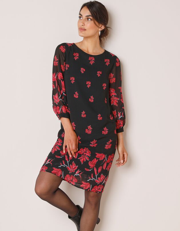 Robe en voile imprimé, manches 3/4 (noir / rouge)