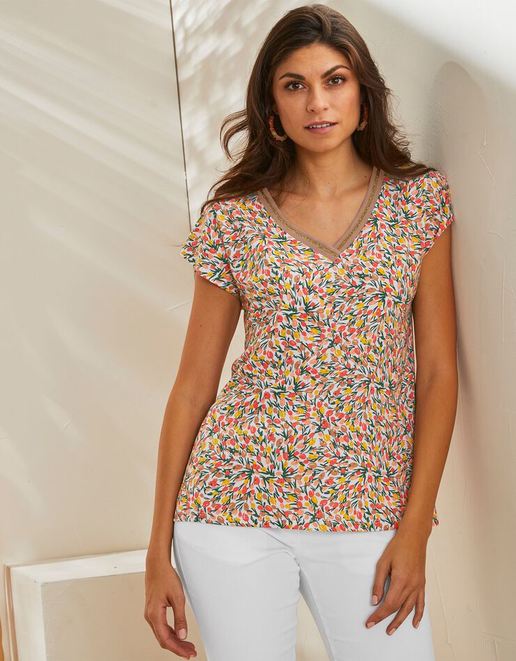 Tee-shirt épaules tombantes imprimé fleurs (corail) Tee-shirt épaules tombantes imprimé fleurs (corail)