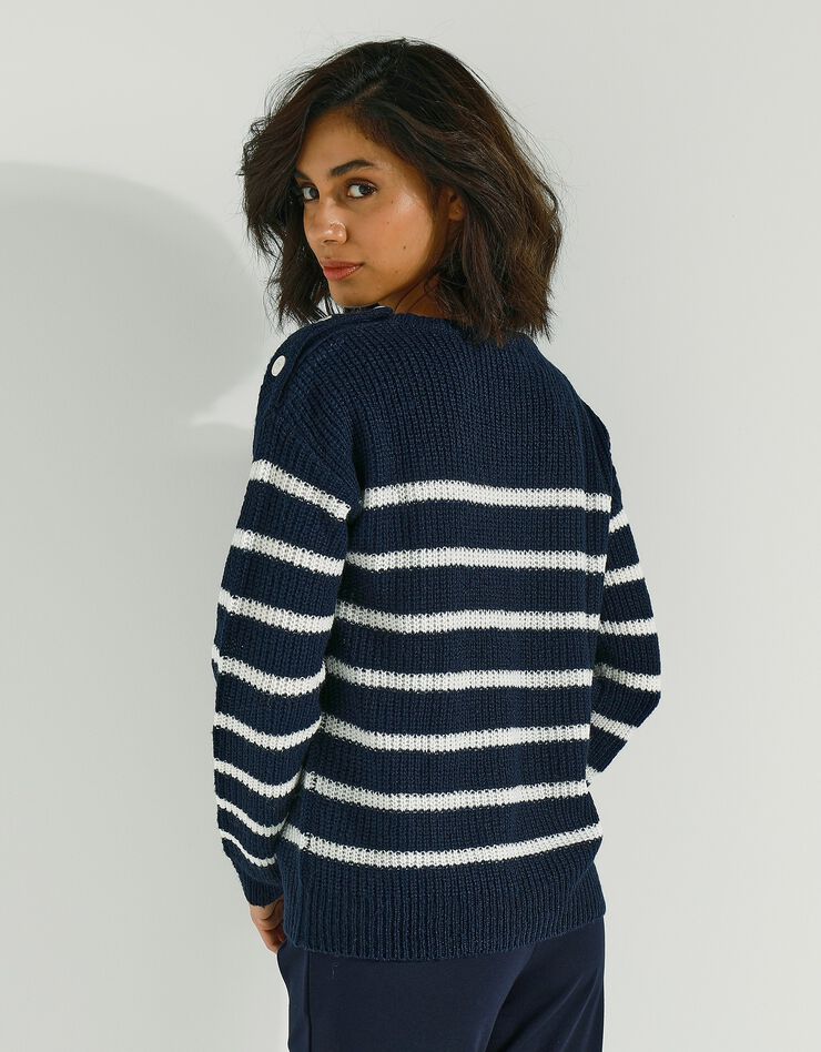 Pull rayé manches longues épaule boutonnée (marine / écru) Pull rayé manches longues épaule boutonnée (marine / écru)