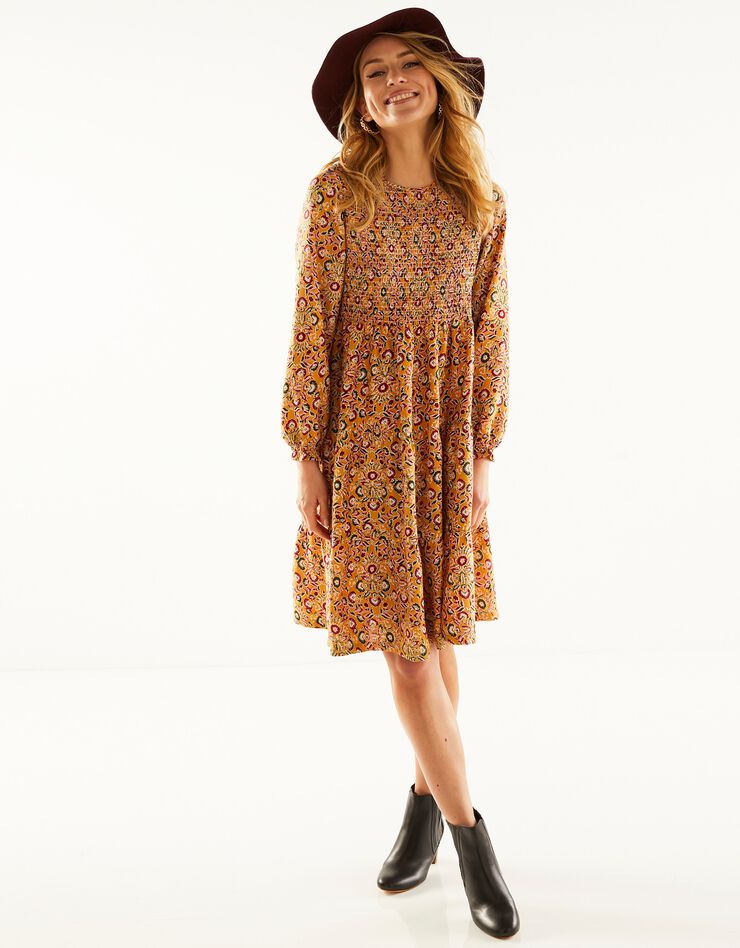 Robe smockée manches longues imprimé fleuri (miel / bronze)