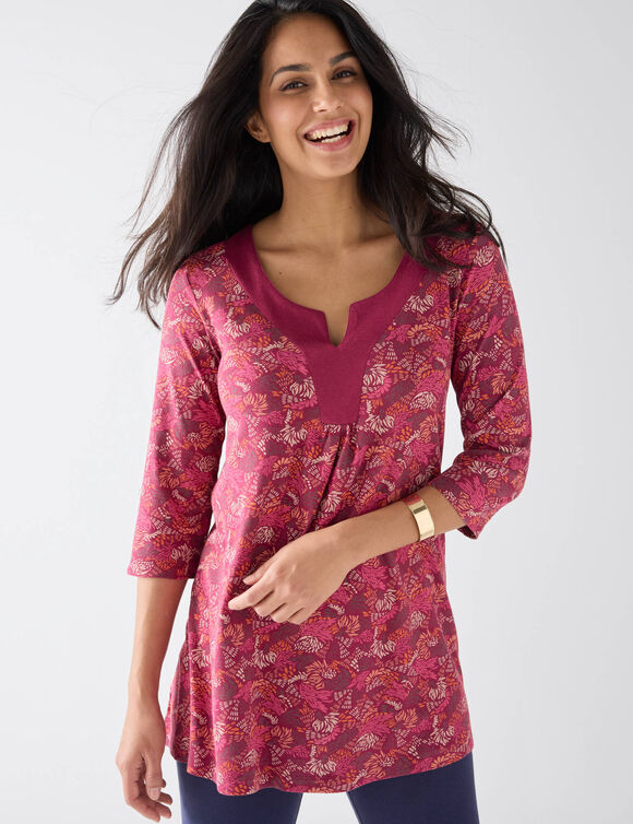 Tunique col V imprimée, manches 3/4 (prune / rose)