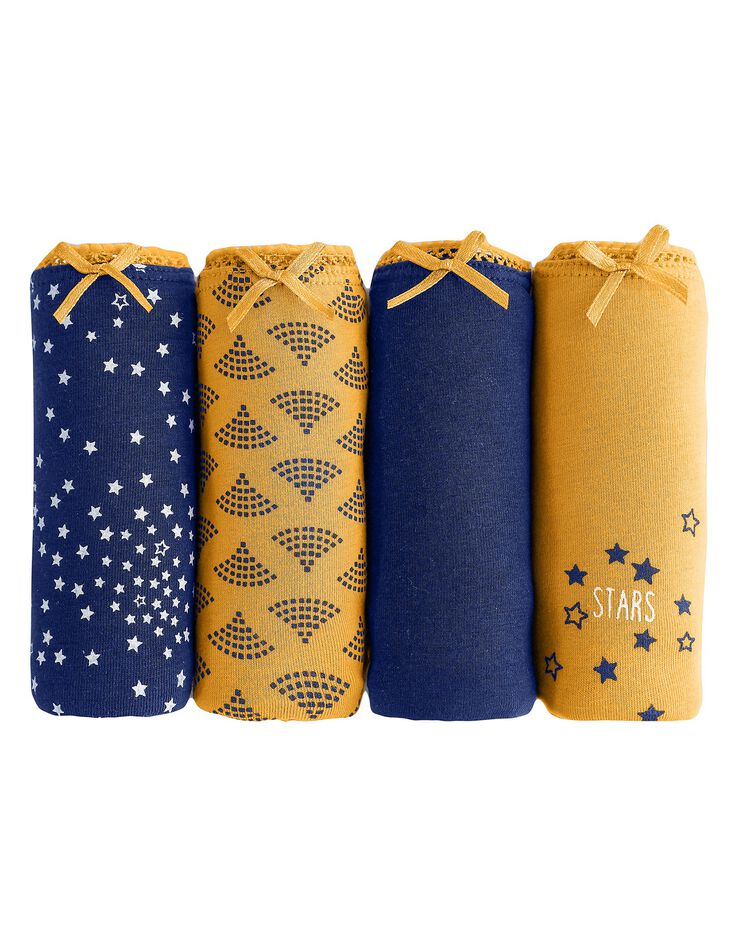Culotte coton forme shorty imprimé motifs « étoiles » assortis– Lot de 4 (marine / safran) Culotte coton forme shorty imprimé motifs « étoiles » assortis– Lot de 4 (marine / safran)