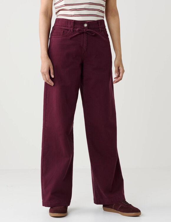 Pantalon large taille haute semi-&eacute;lastiqu&eacute;e &agrave; nouette, coton (bordeaux)